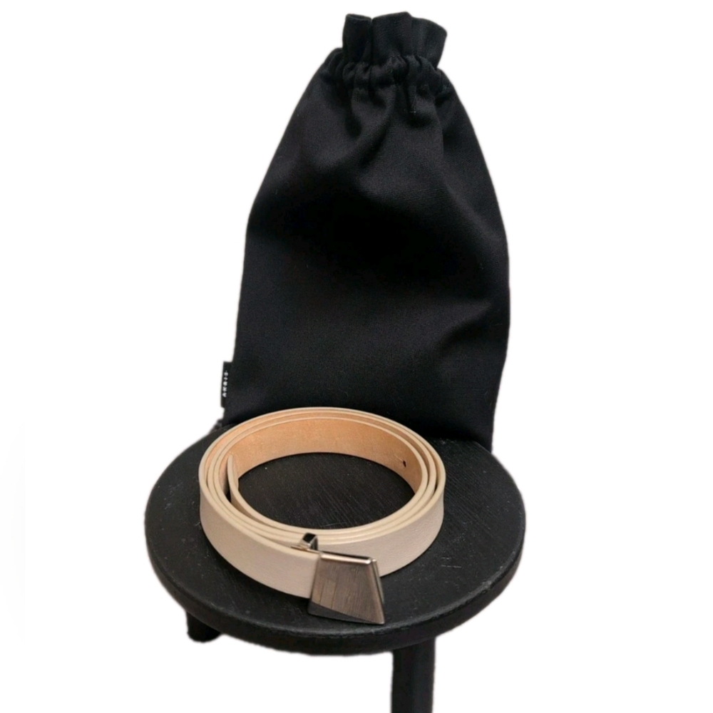 Akris Leather Belt Trapezoid Silver Buckle Women 38 Tan Slim